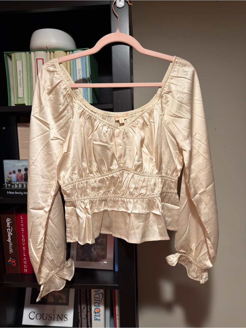 NWOT Hem & Thread Cream Satin Peasant Blouse